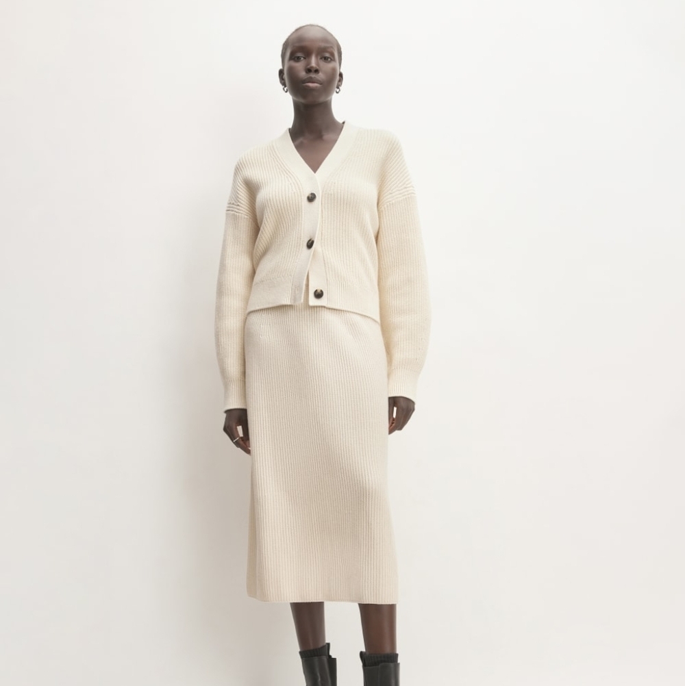 Everlane Organic Cotton Ribbed Knit Sweater Midi Skirt - Neutral Canvas Cream XL